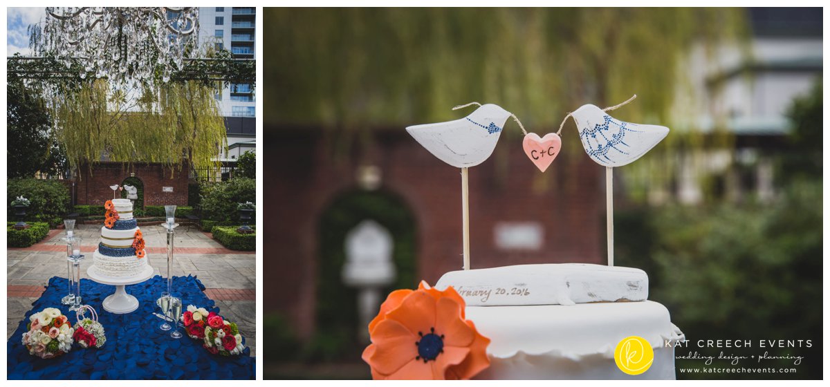 garden wedding | navy and coral wedding cake | unique bird cake topper | Kat Creech Events