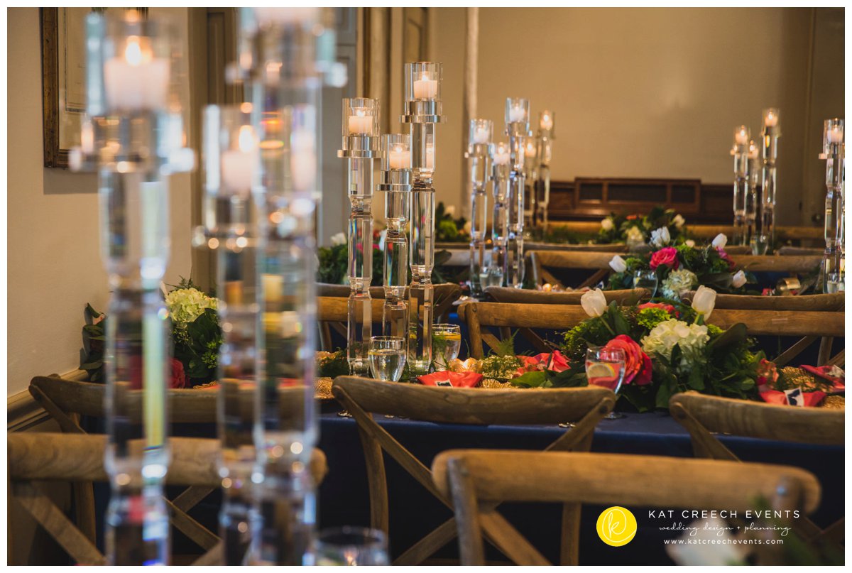 crystal candelabras | modern garden wedding | navy and coral wedding | Kat Creech Events
